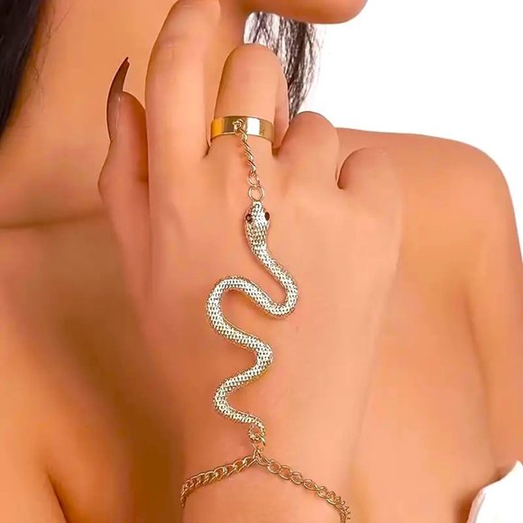 Snake Bracelet Finger Chain Ring Goth Punk Sexy Rave Hippie Boho Glam Statement - Picture 3 of 5